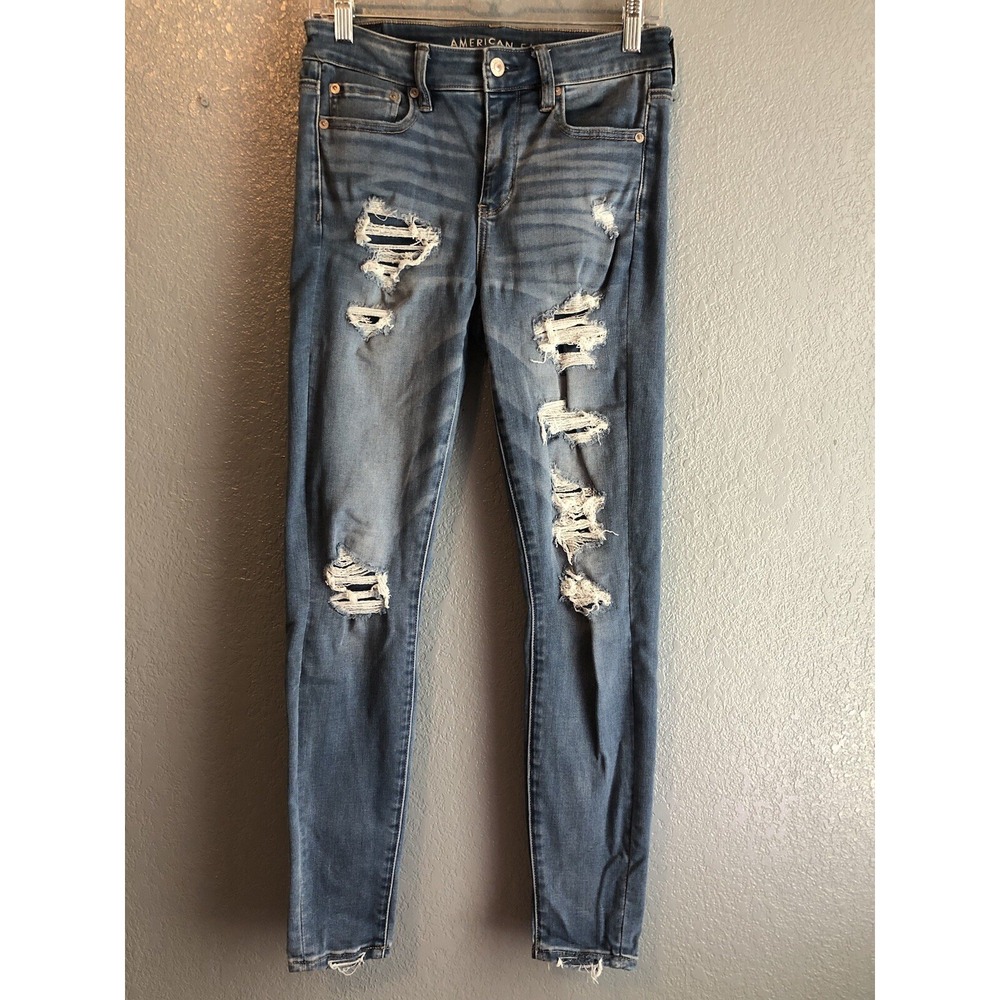 American Eagle Women Jegging 4 Blue Distressed Mid Rise Stretch‎ Denim Pants